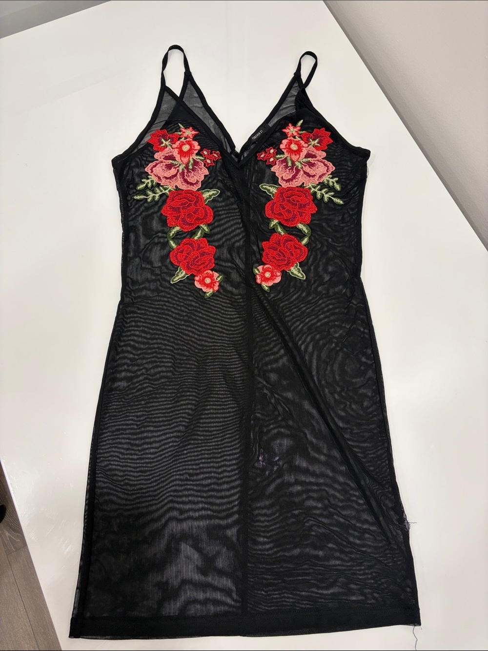 Forever 21 Black Mesh Slip Dress with Red & Pink Floral Appliqué